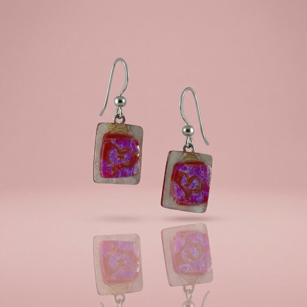 Handmade Red and Purple Dichroic Fused Glass Drop Earrings